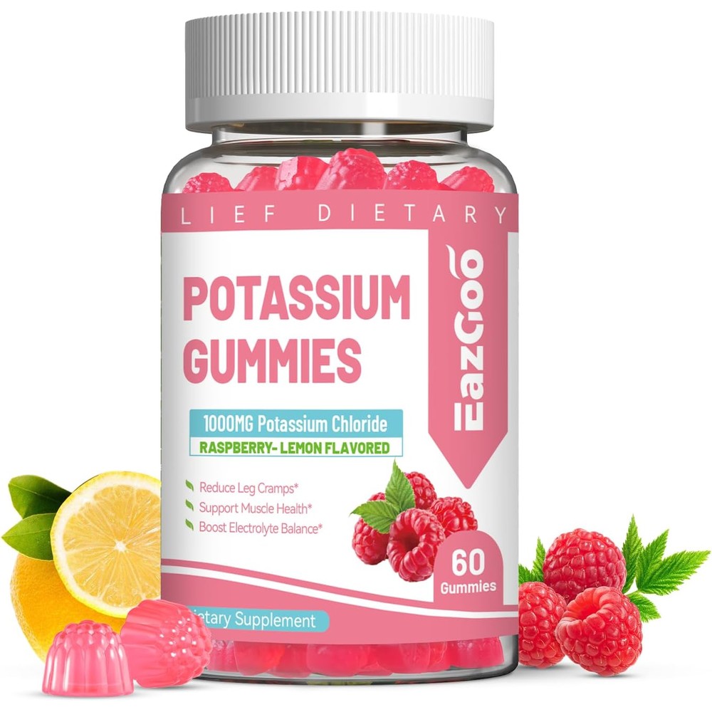 EAZGOO Potassium Chloride 1000mg sugar free nutritional supplements front bottle view showing raspberry lemon flavor details