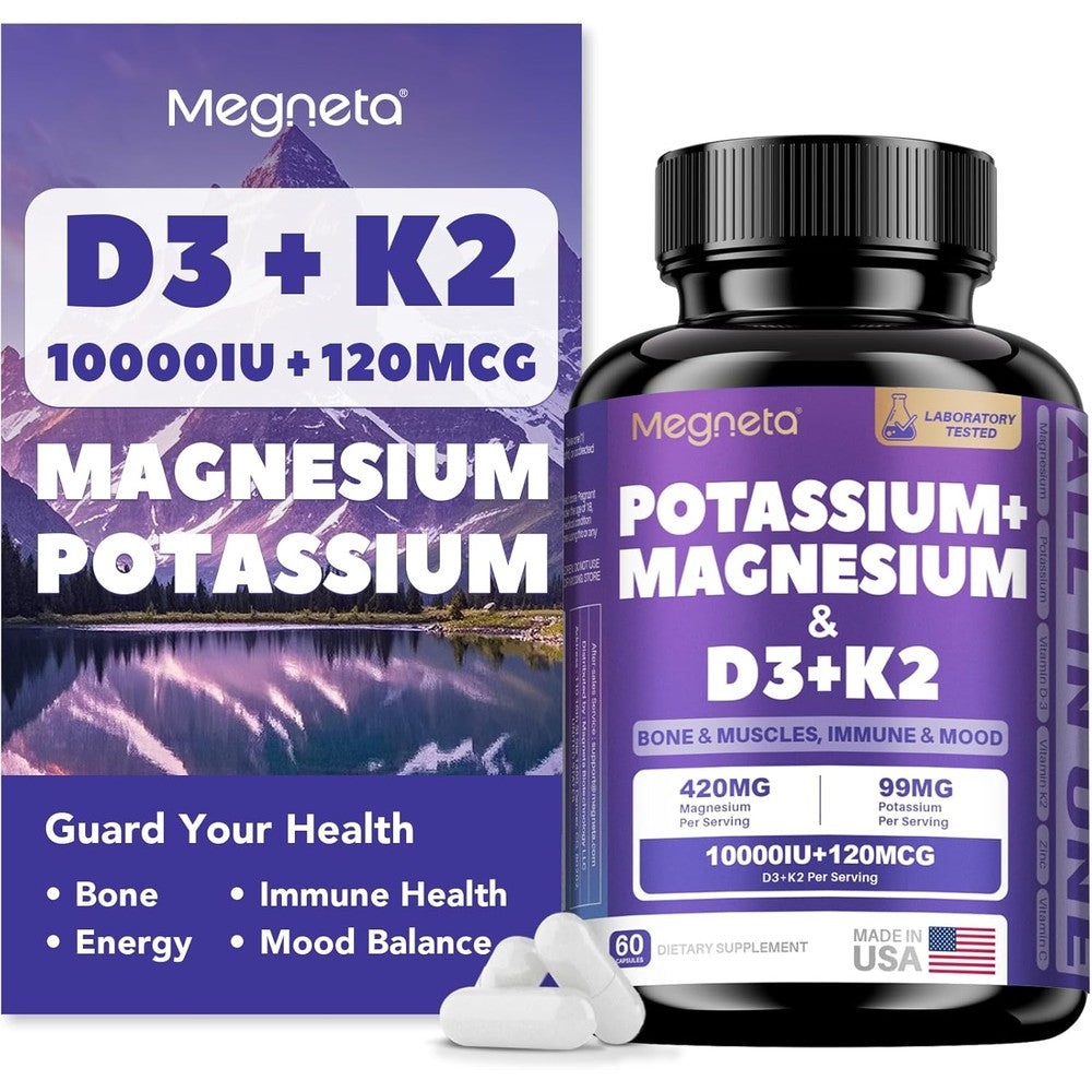 Megneta Vitamin D3 K2 capsules front view showing original label packaging.