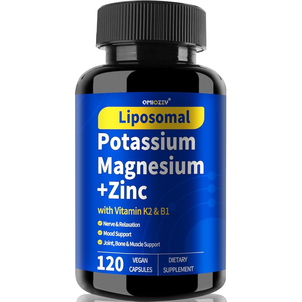 Qmiozzy Liposomal Potassium Magnesium 120 capsules front bottle view showing cardiovascular support label.