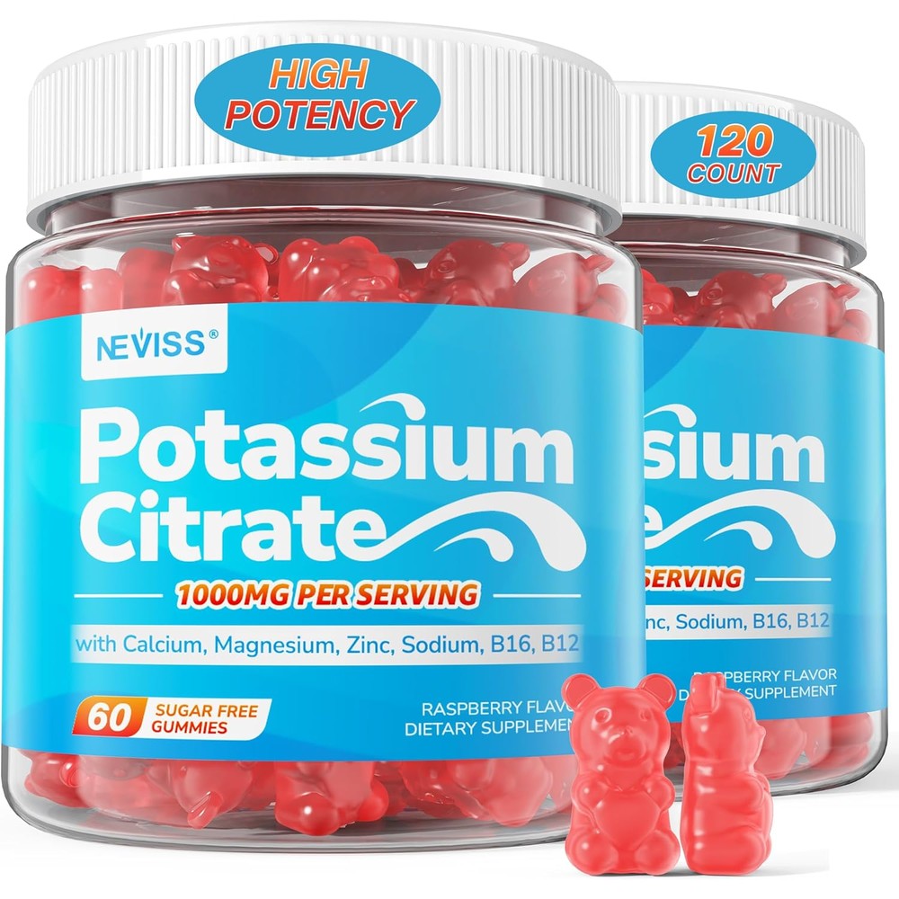 Neviss Potassium Citrate 1000mg electrolyte gummies front bottle view showing raspberry flavor details