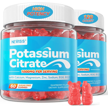 Neviss Potassium Citrate 1000mg electrolyte gummies front bottle view showing raspberry flavor details
