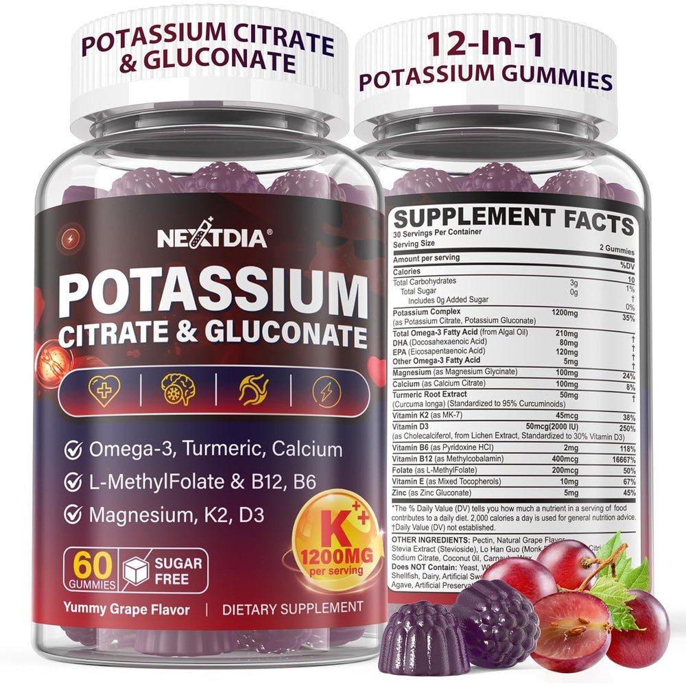 Nextdia Potassium Citrate and Potassium Gluconate Supplement 1200mg front view showing premium electrolyte gummies packaging.