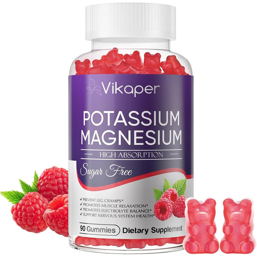 VIKAPER Potassium Magnesium High Absorption Sugar Free Heart Health 90 Gummies front view bottle showing product details for muscle relaxation.