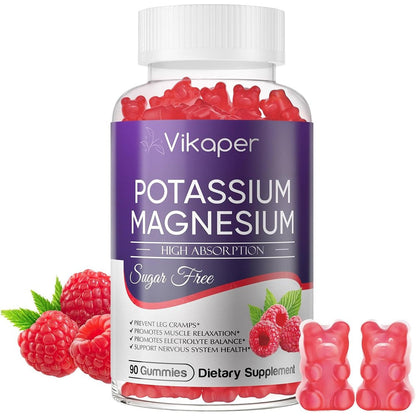 VIKAPER Potassium Magnesium High Absorption Sugar Free Heart Health 90 Gummies front view bottle showing product details for muscle relaxation.