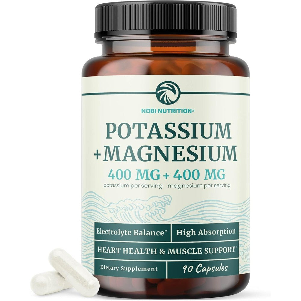 Nobi Nutrition Potassium Magnesium 400mg 90 capsules front view showing premium packaging for electrolyte balance.