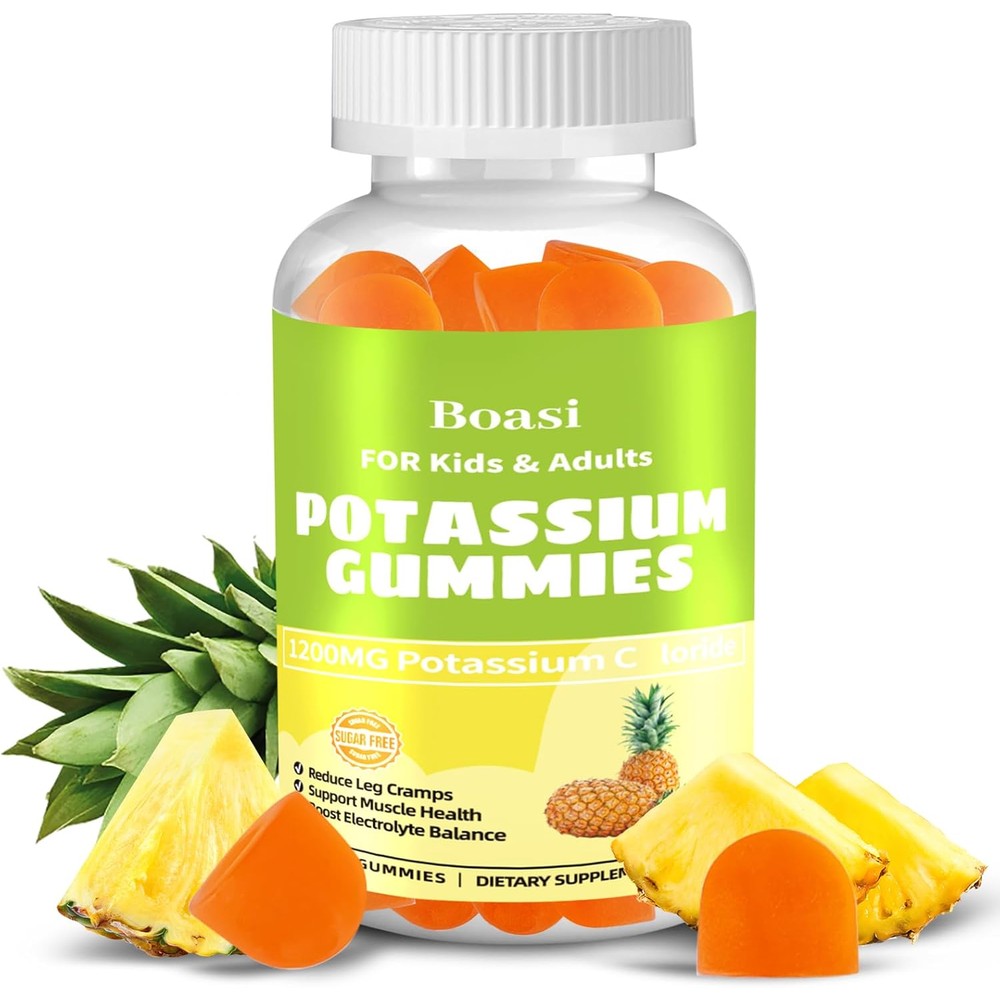 Boasi Potassium Chloride Electrolyte Gummies front view bottle for daily muscle relief supplement.