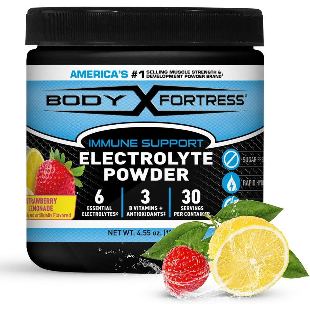 Body Fortress Electrolyte Powder Strawberry Lemonade 30 Servings front view container for rapid hydration.