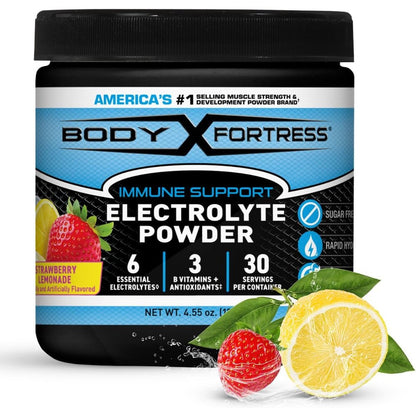 Body Fortress Electrolyte Powder Strawberry Lemonade 30 Servings front view container for rapid hydration.