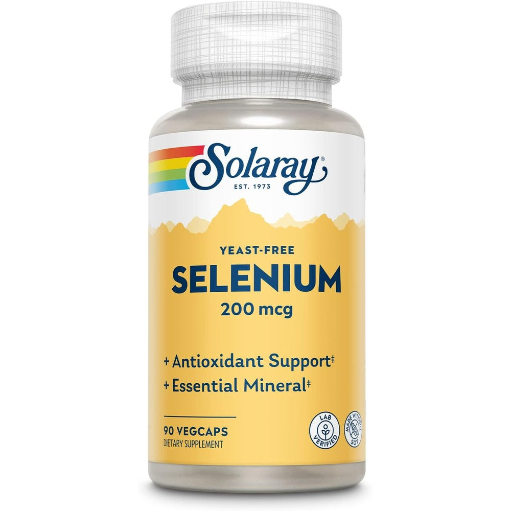 Solaray Yeast Free Selenium 90 VegCaps front bottle view for thyroid health support