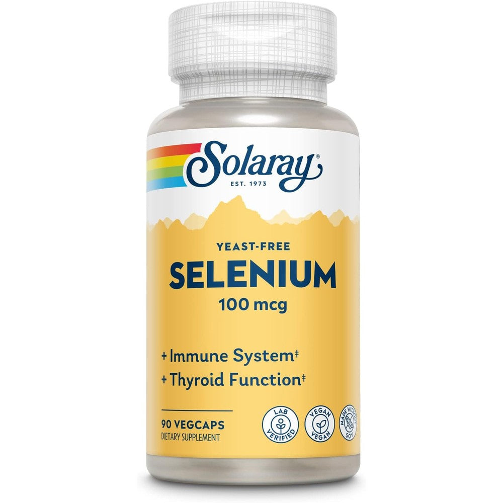 Solaray Yeast Free Selenium 100mcg 90 VegCaps front view bottle for thyroid health.