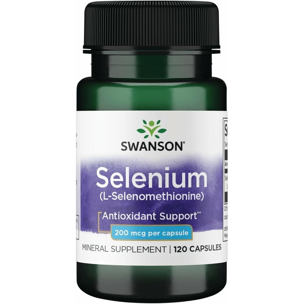 Swanson Semsc Selenium 200mcg 120 Capsules front view bottle for antioxidant support.