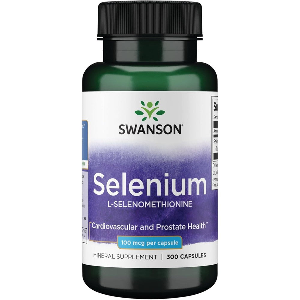 Swanson Selenium L-Selenomethionine 300 capsules front view bottle for antioxidant support.