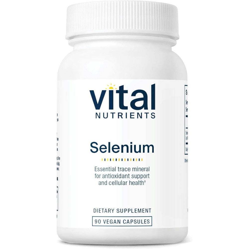 Vital Nutrients Selenium 200mcg 90 vegetarian capsules front bottle view for antioxidant supplement needs.