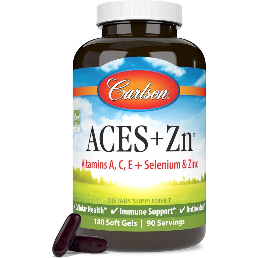 Carlson ACES Plus Zinc 180 softgels bottle front view showcasing immune support vitamins.