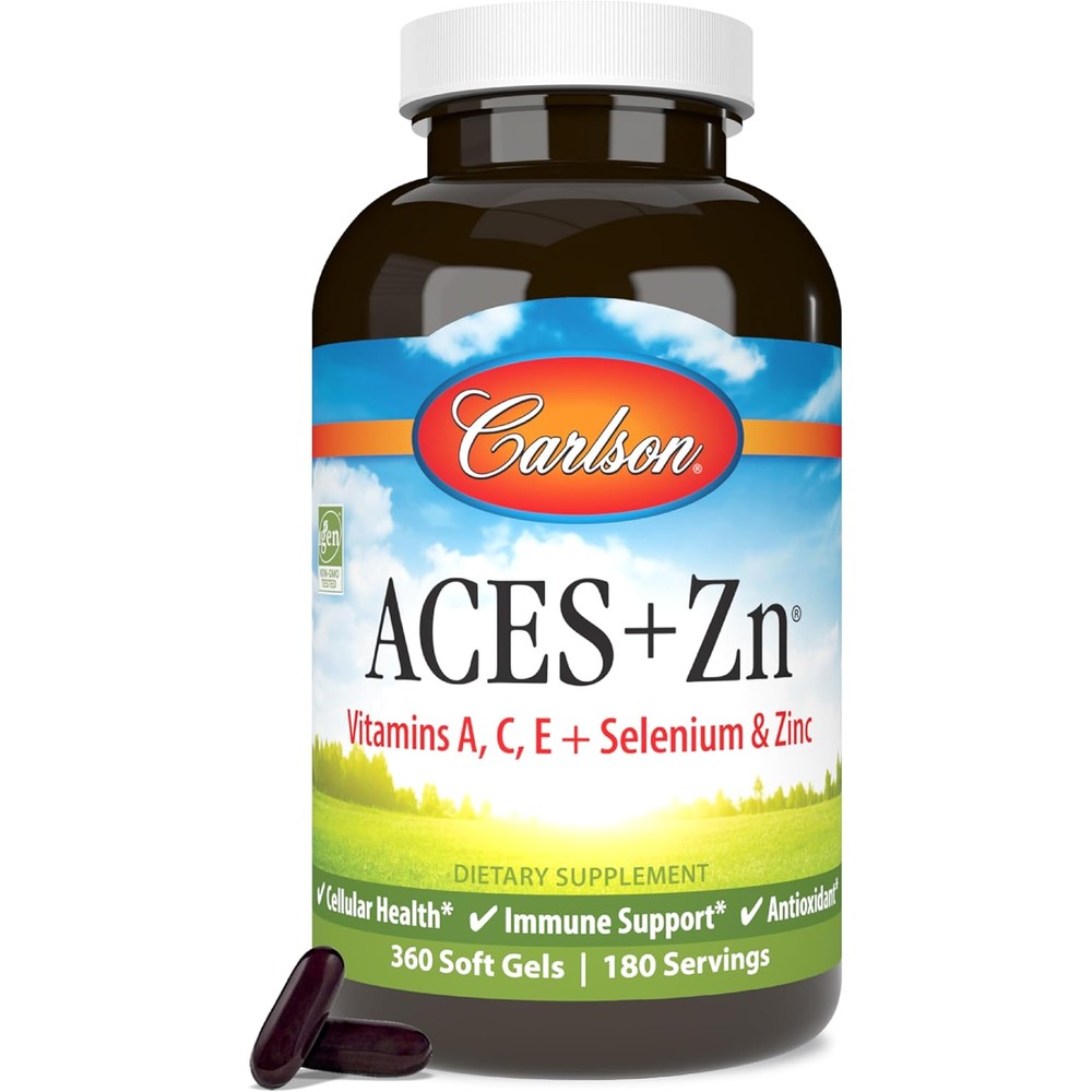 Carlson ACES Plus Zinc 360 softgels bottle front view showing premium immune multivitamin packing.