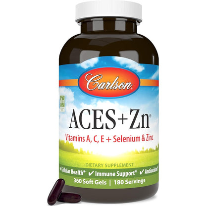 Carlson ACES Plus Zinc 360 softgels bottle front view showing premium immune multivitamin packing.