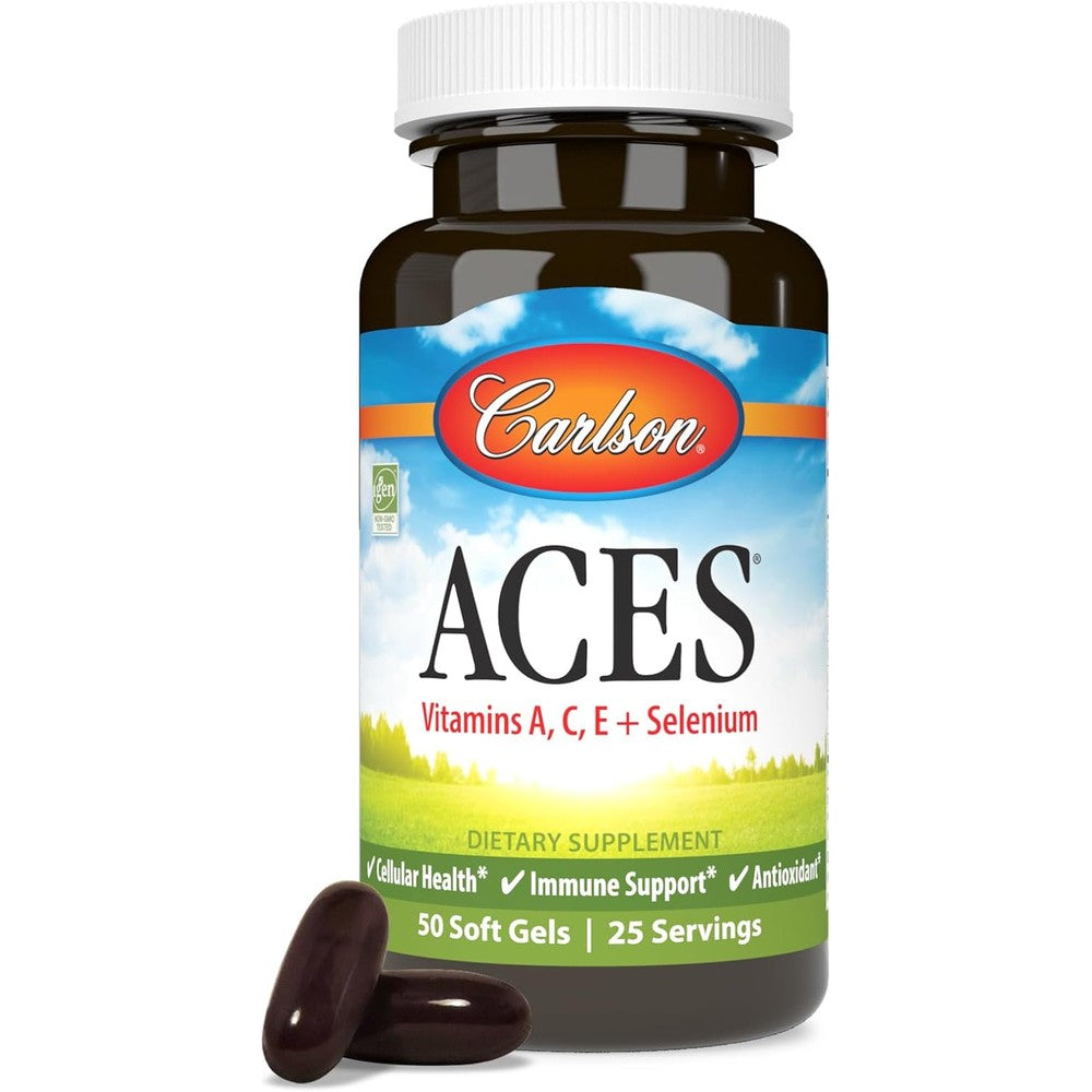 Carlson ACES Vitamins Cellular Health and Immune Support 50 softgels front bottle view