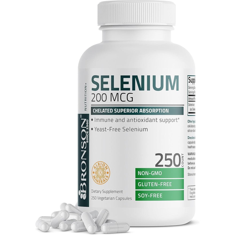 Bronson Selenium 200 Micrograms 250 vegetarian capsules front view bottle