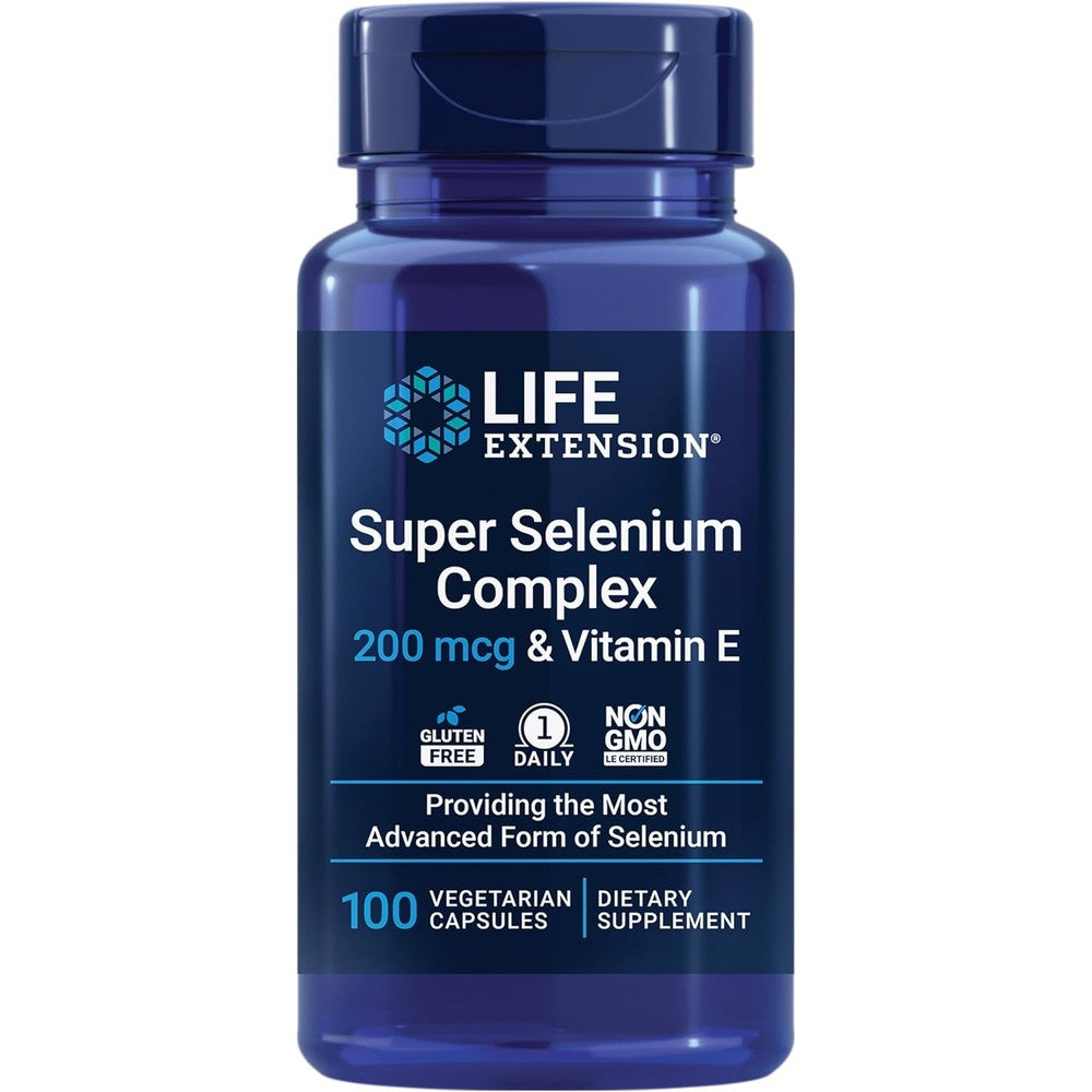 Life Extension Super Selenium Complex 100 vegetarian capsules front bottle view