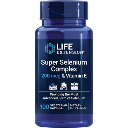 Life Extension Super Selenium Complex 100 vegetarian capsules front bottle view