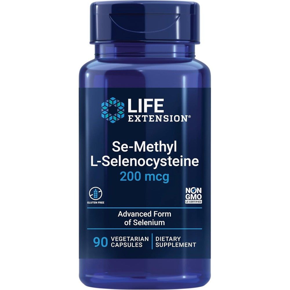 Life Extension Se-Methyl L-Selenocysteine 90 capsules front view bottle for antioxidant support.