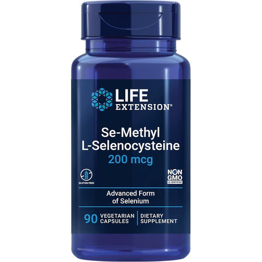Life Extension Se-Methyl L-Selenocysteine 90 capsules front view bottle for antioxidant support.