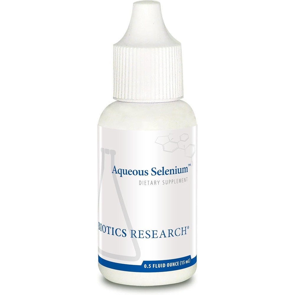 Biotics Research Aqueous Selenium Liquid 0.5 Fluid Ounce bottle front view showing product label details.