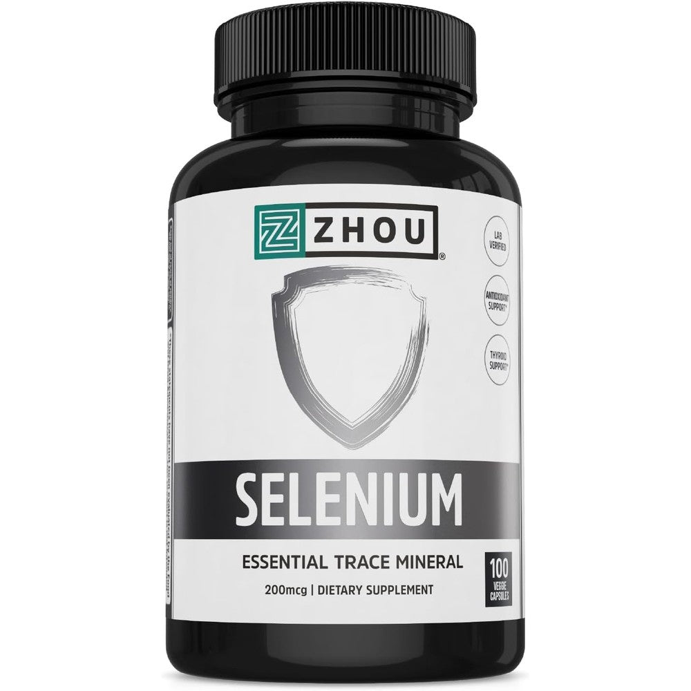 ZHOU Selenium 200 mcg vegan supplement front view bottle for thyroid health.
