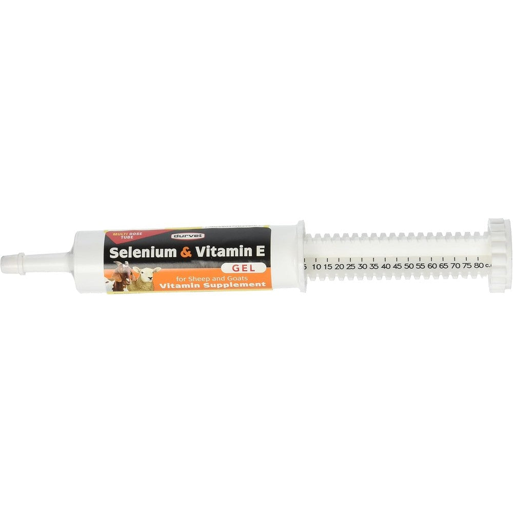Durvet Sheep and Goat Selenium Vitamin E Gel front view syringe pack for livestock health.