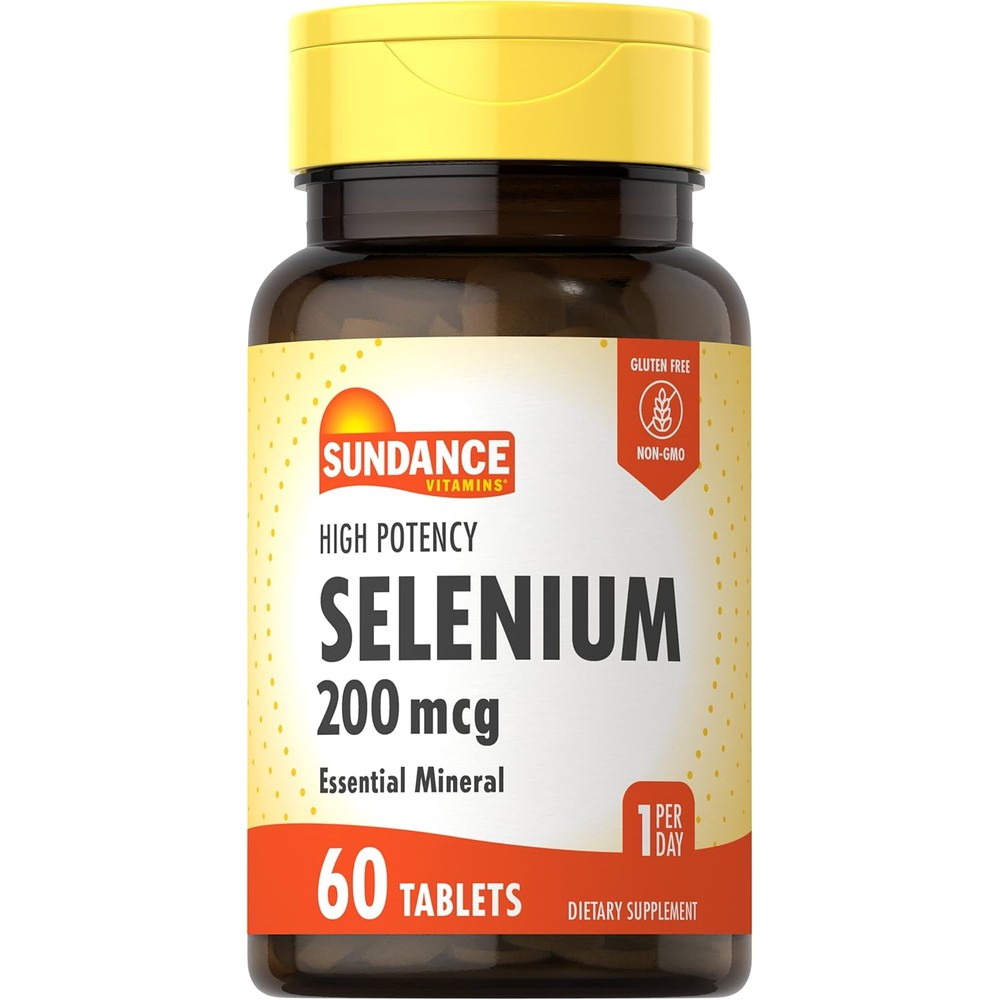 Sundance Vitamins Selenium 200mcg front bottle view showing sixty vegetarian tablets label for antioxidant support.