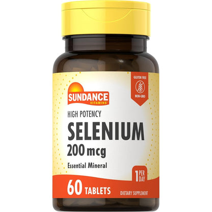 Sundance Vitamins Selenium 200mcg front bottle view showing sixty vegetarian tablets label for antioxidant support.