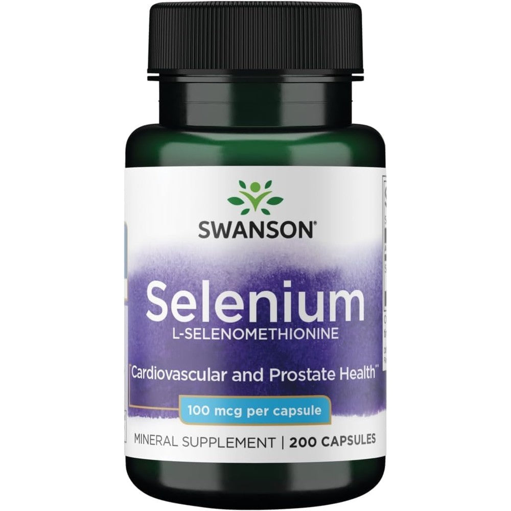 Swanson Selenium 100mcg 200 capsules front view bottle for antioxidant support.