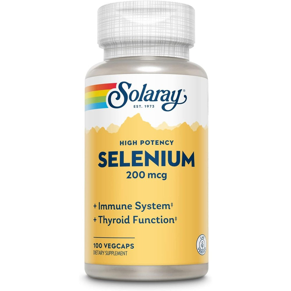 Solaray Selenium 200mcg 100 VegCaps front view showing bottle with mountain graphic label for thyroid support.