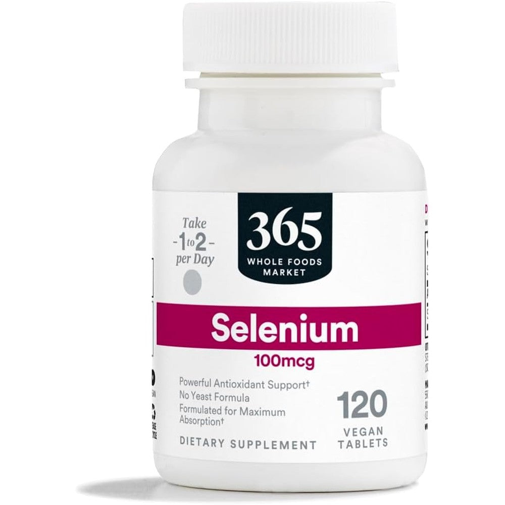 365 Whole Foods Market Selenium one hundred micrograms bottle front view for premium antioxidant protection