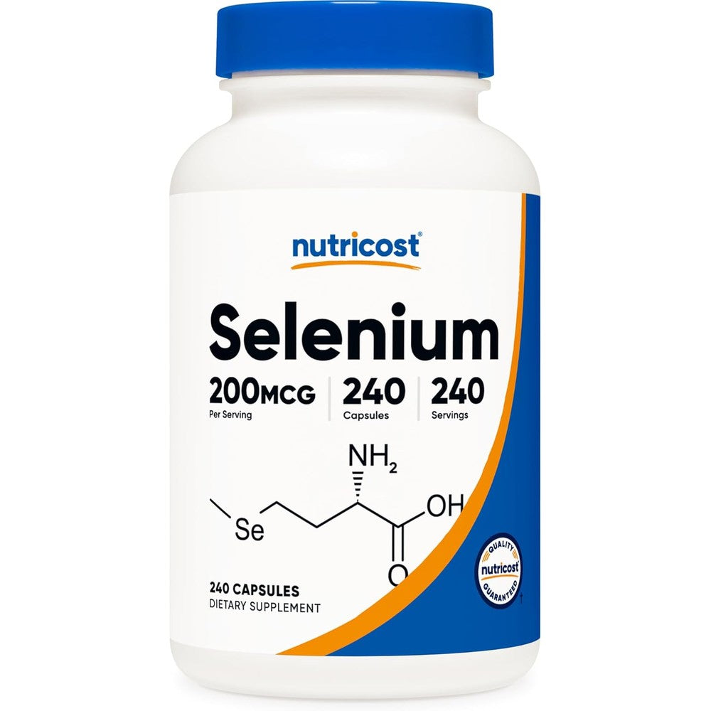 Nutricost Selenium 200mcg 240 vegetarian capsules front view bottle showing thyroid support claim