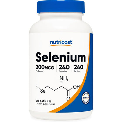 Nutricost Selenium 200mcg 240 vegetarian capsules front view bottle showing thyroid support claim