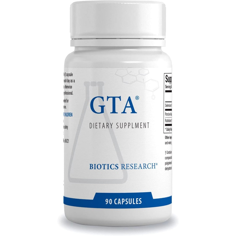 Biotics Research GTA 90 capsules front label view showing endocrine support benefits