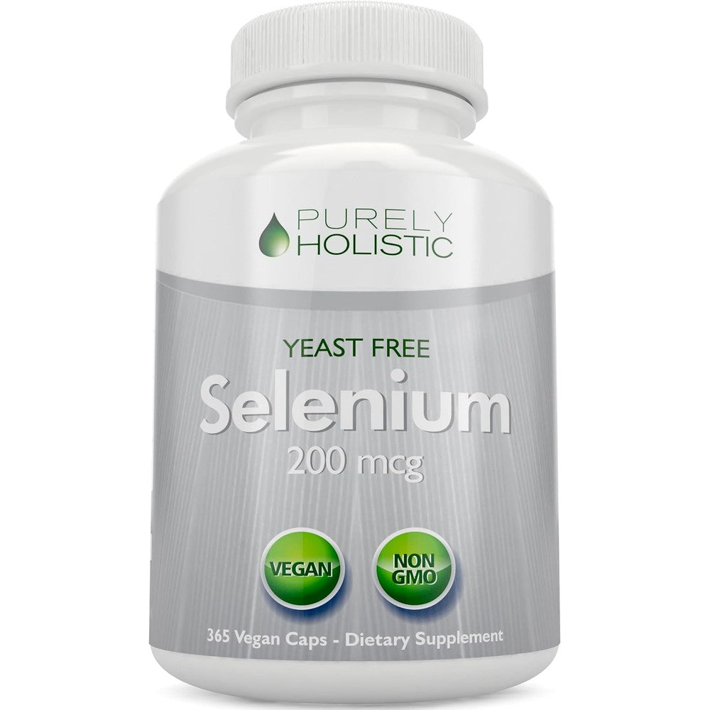 Purely Holistic Selenium 200 micrograms front view bottle of daily antioxidant dietary supplement