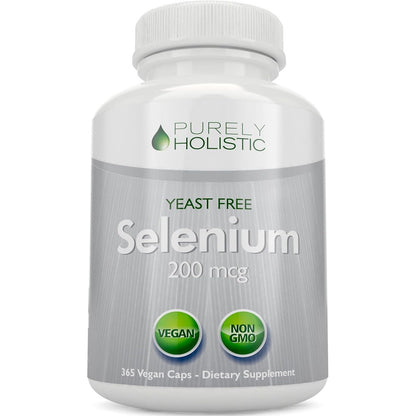 Purely Holistic Selenium 200 micrograms front view bottle of daily antioxidant dietary supplement