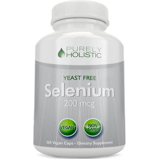 Purely Holistic Selenium 200 micrograms front view bottle of daily antioxidant dietary supplement