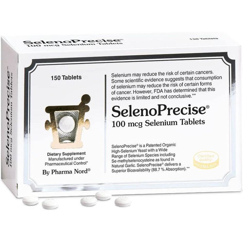 Pharma Nord SelenoPrecise Selenium 100mcg 150 Tablets front packaging showing high absorption organic formula.