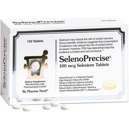 Pharma Nord SelenoPrecise Selenium 100mcg 150 Tablets front packaging showing high absorption organic formula.