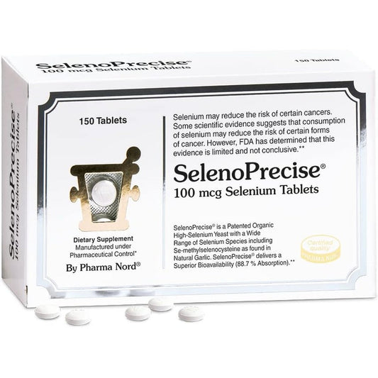 Pharma Nord SelenoPrecise Selenium 100mcg 150 Tablets front packaging showing high absorption organic formula.