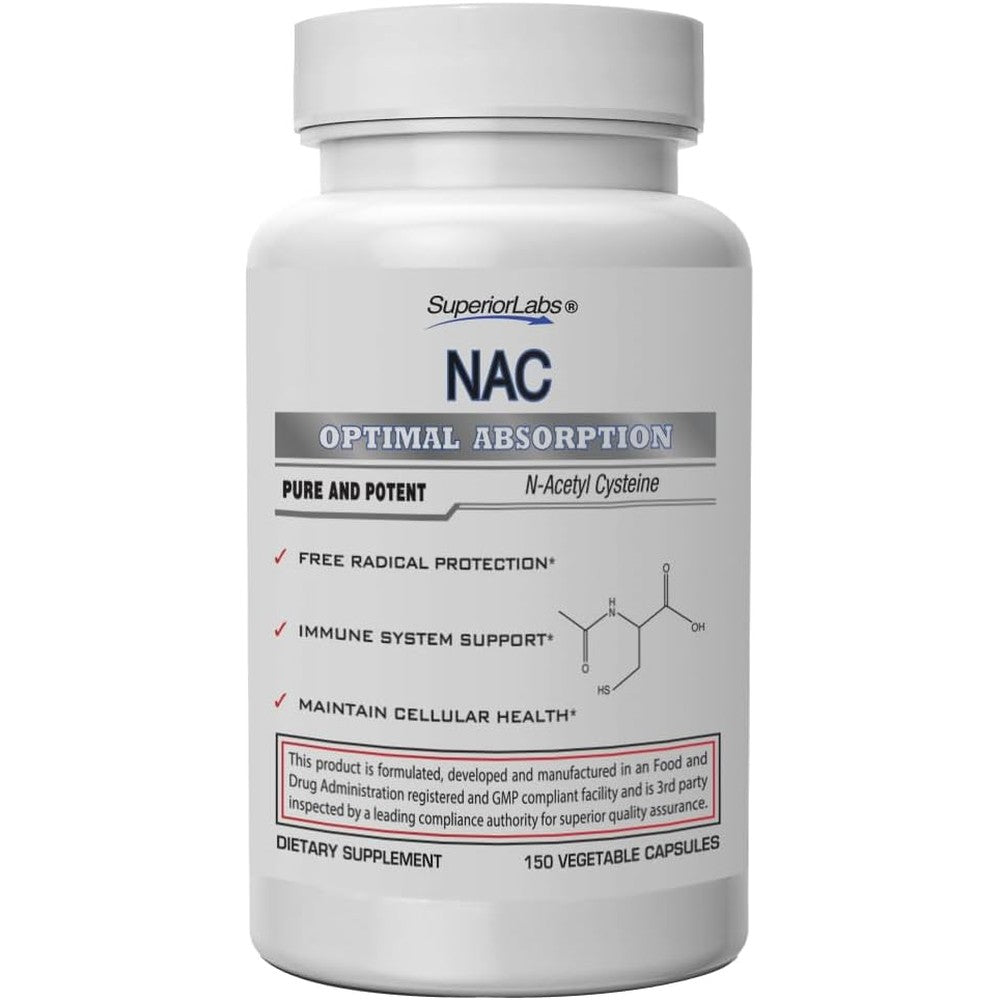 Superior Labs NAC 1200mg 150 vegetable capsules bottle front view showing clean antioxidant supplement formulation.