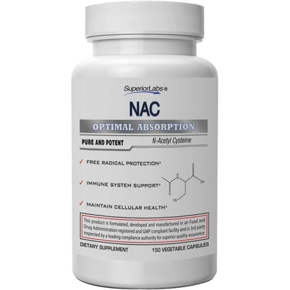 Superior Labs NAC 1200mg 150 vegetable capsules bottle front view showing clean antioxidant supplement formulation.