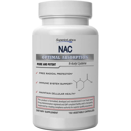 Superior Labs NAC 1200mg 150 vegetable capsules bottle front view showing clean antioxidant supplement formulation.
