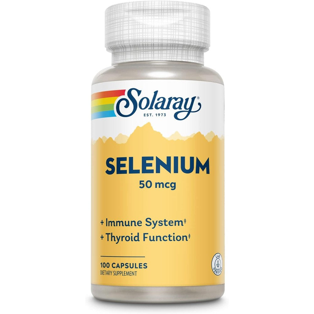 Solaray Selenium 50mcg 100 capsules front view showing bottle label for immune and thyroid support