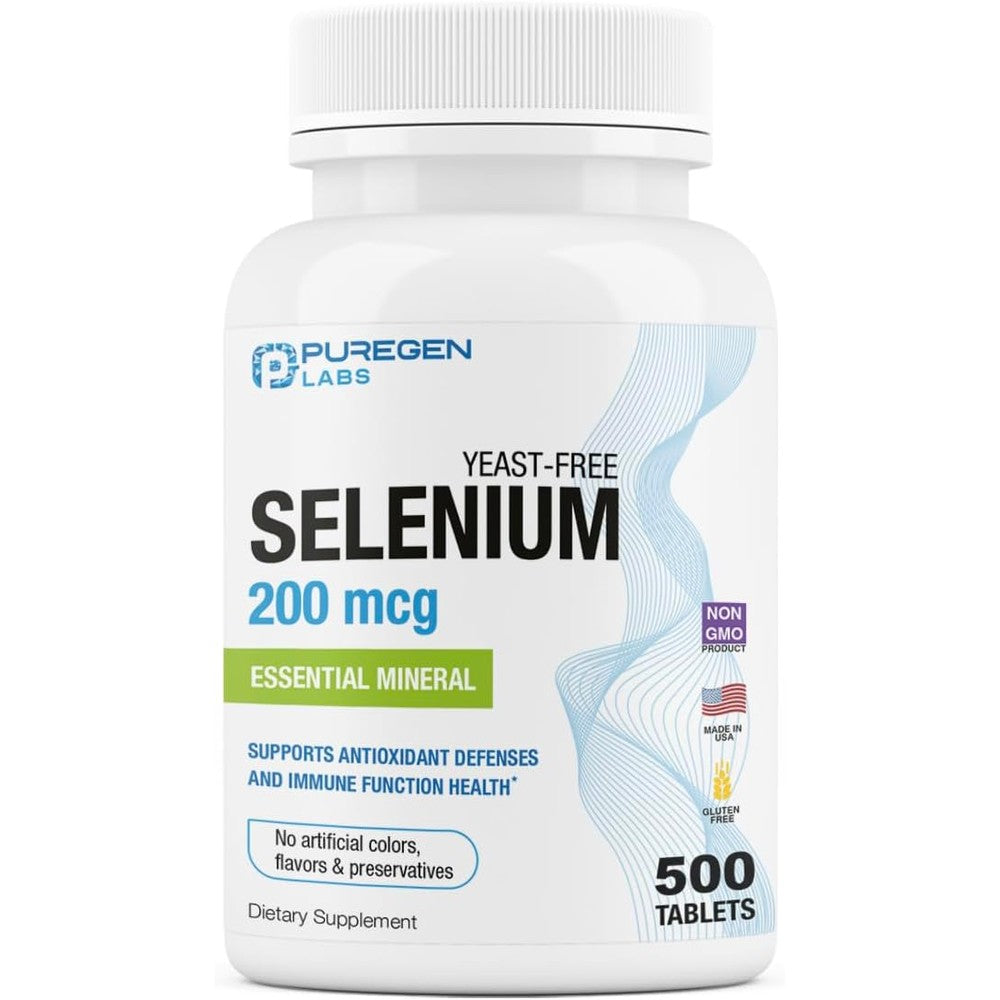 Puregen Labs Selenium 200mcg front view bottle showing 500 vegetarian tablets for antioxidant defense.