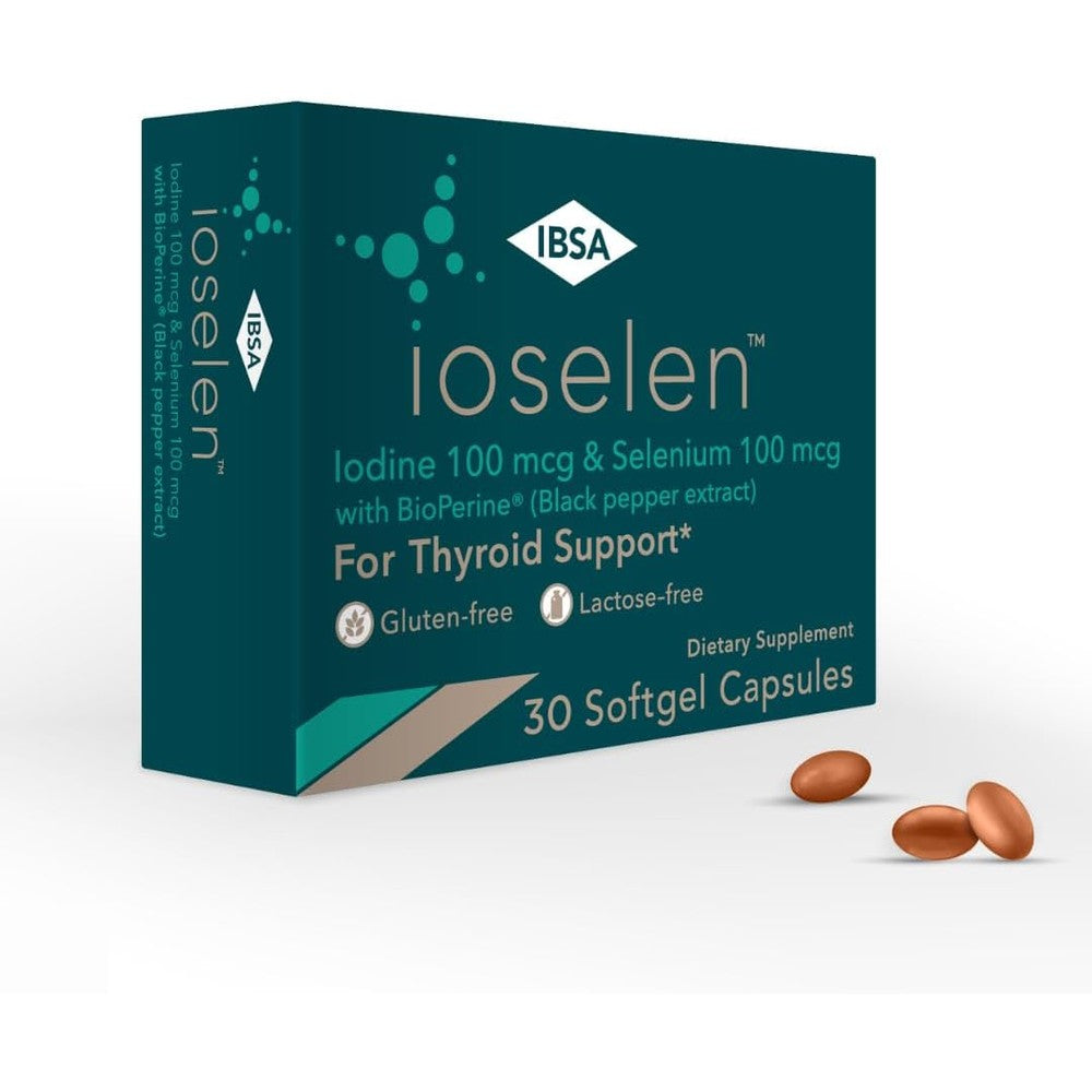 Ibsa Ioselen Thyroid Support supplement bottle front view showcasing authentic packaging