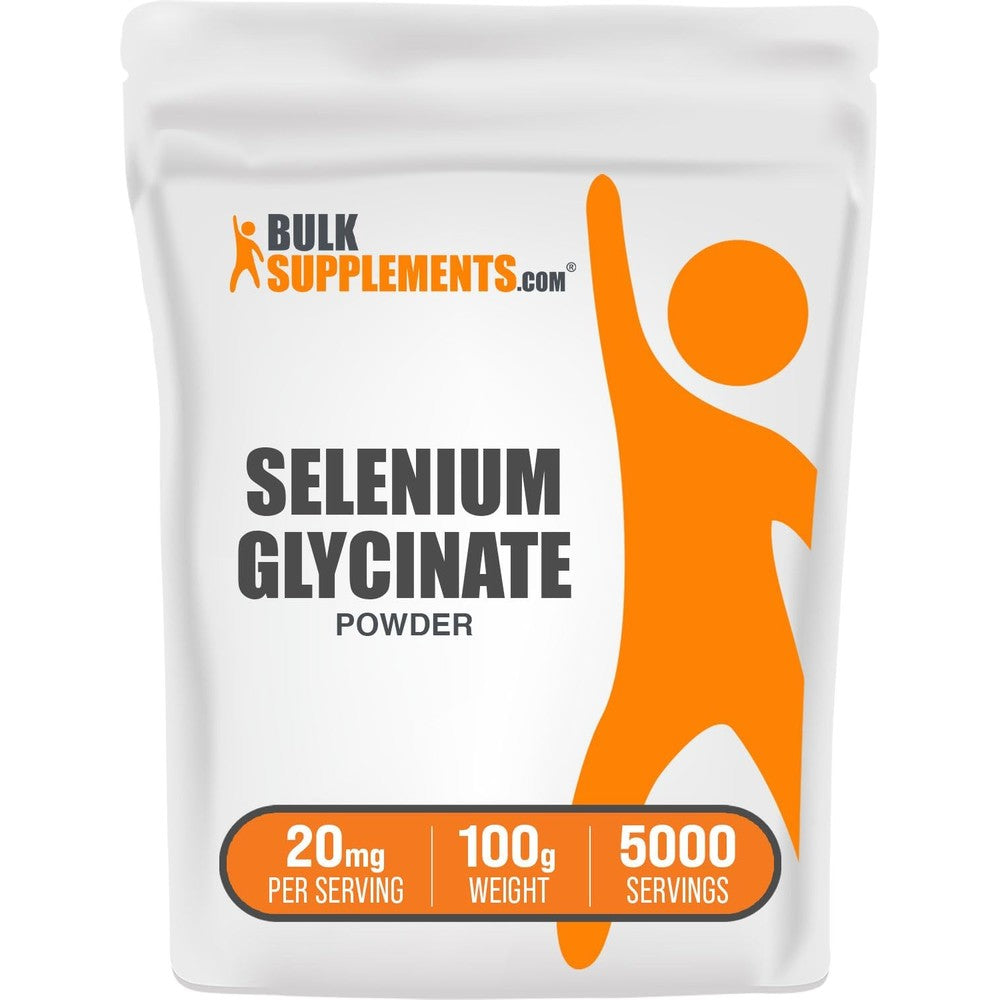 BulkSupplements Selenium Glycinate Powder 100 Grams front packaging view showing trace mineral supplement details.